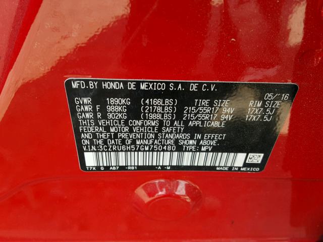 3CZRU6H57GM750480 - 2016 HONDA HR-V EX RED photo 10