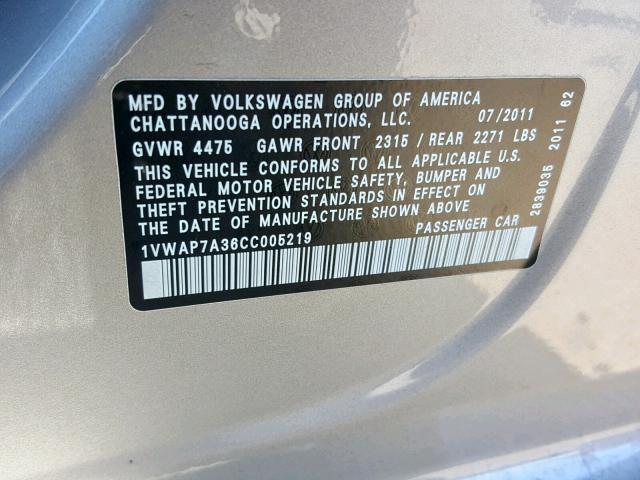 1VWAP7A36CC005219 - 2012 VOLKSWAGEN PASSAT S SILVER photo 10