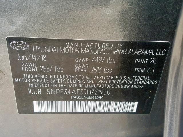 5NPE34AF5JH721930 - 2018 HYUNDAI SONATA SPO GRAY photo 10