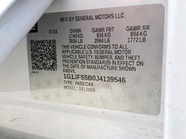 1G1JF5SB0J4139546 - 2018 CHEVROLET SONIC PREM WHITE photo 10