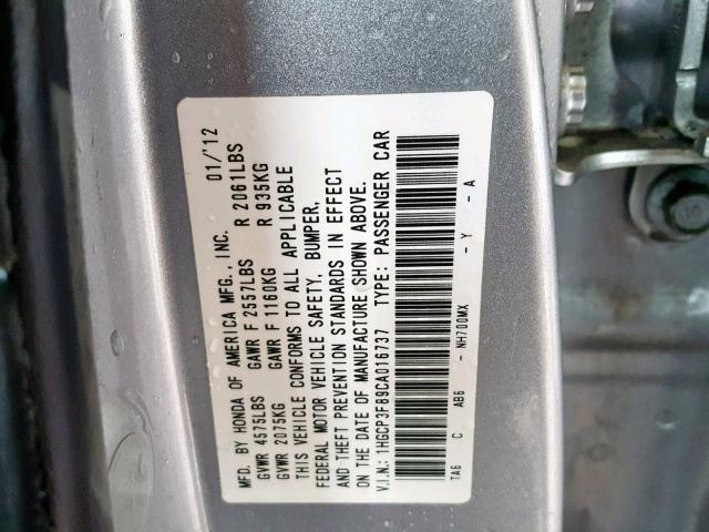 1HGCP3F89CA016737 - 2012 HONDA ACCORD EXL SILVER photo 10