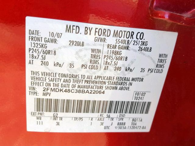 2FMDK48C38BA22064 - 2008 FORD EDGE SEL RED photo 10