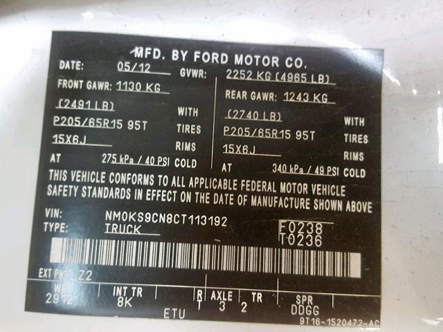 NM0KS9CN8CT113192 - 2012 FORD TRANSIT CO WHITE photo 10