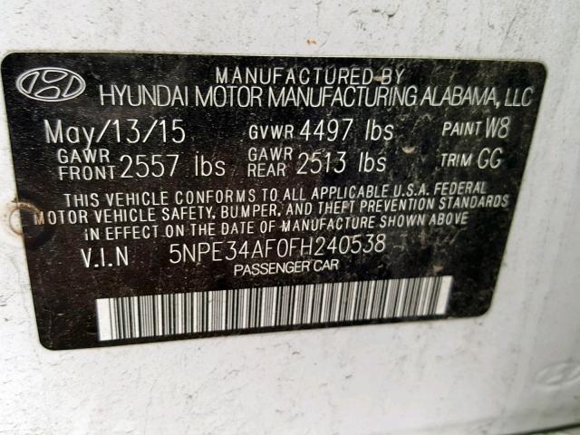 5NPE34AF0FH240538 - 2015 HYUNDAI SONATA SPO WHITE photo 10