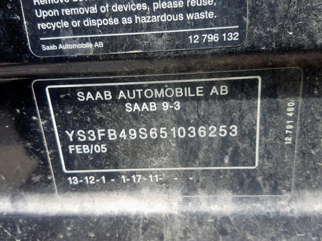 YS3FB49S651036253 - 2005 SAAB 9-3 LINEAR BLACK photo 10