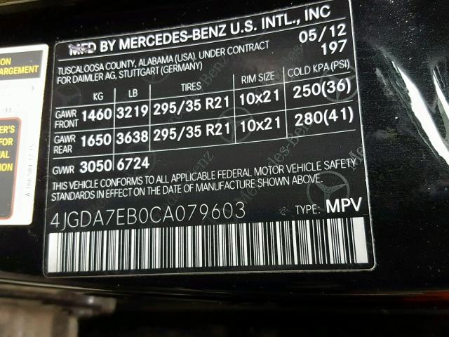 4JGDA7EB0CA079603 - 2012 MERCEDES-BENZ ML 63 AMG BLACK photo 10