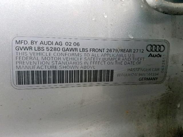 WAUDH74F96N144334 - 2006 AUDI A6 3.2 QUA SILVER photo 10