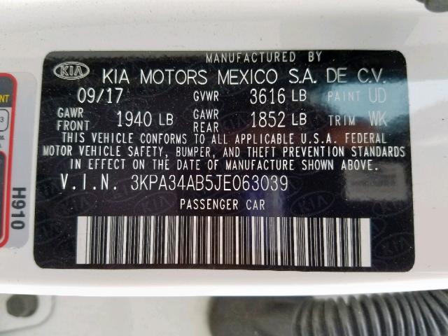 3KPA34AB5JE063039 - 2018 KIA RIO EX WHITE photo 10