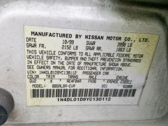 1N4DL01D9YC130112 - 2000 NISSAN ALTIMA XE WHITE photo 10