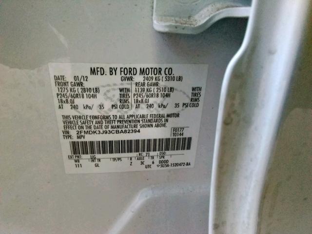 2FMDK3J93CBA82394 - 2012 FORD EDGE SEL WHITE photo 10