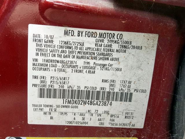 1FMDK02W48GA23874 - 2008 FORD TAURUS X S BURGUNDY photo 10