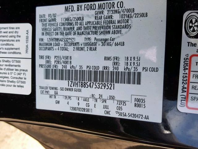 1ZVHT88S475329521 - 2007 FORD MUSTANG SH BLACK photo 10