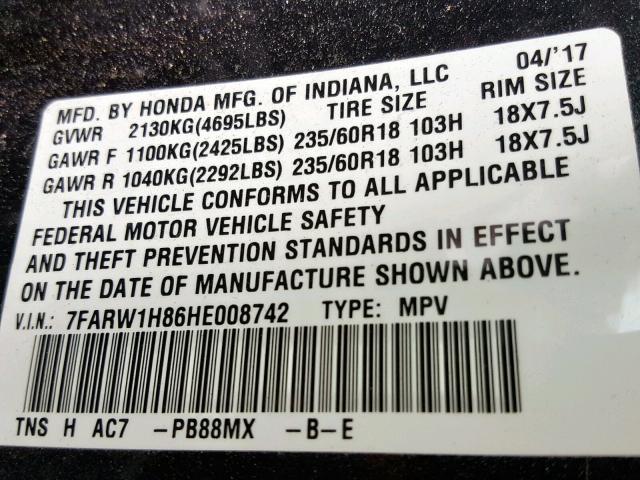 7FARW1H86HE008742 - 2017 HONDA CR-V EXL GRAY photo 10