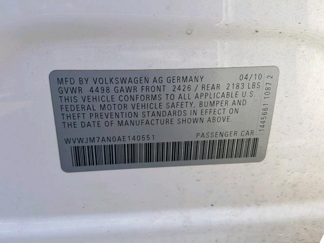 WVWJM7AN0AE140551 - 2010 VOLKSWAGEN PASSAT KOM WHITE photo 10