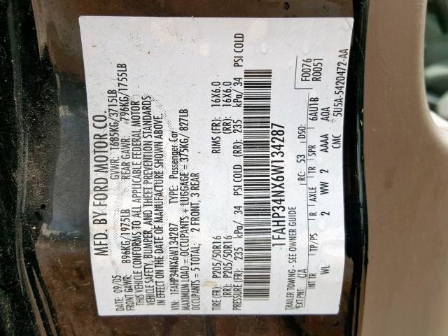 1FAHP34NX6W134287 - 2006 FORD FOCUS ZX4 BLACK photo 10