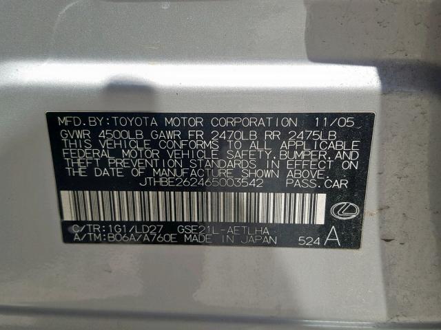 JTHBE262465003542 - 2006 LEXUS IS 350 GRAY photo 10