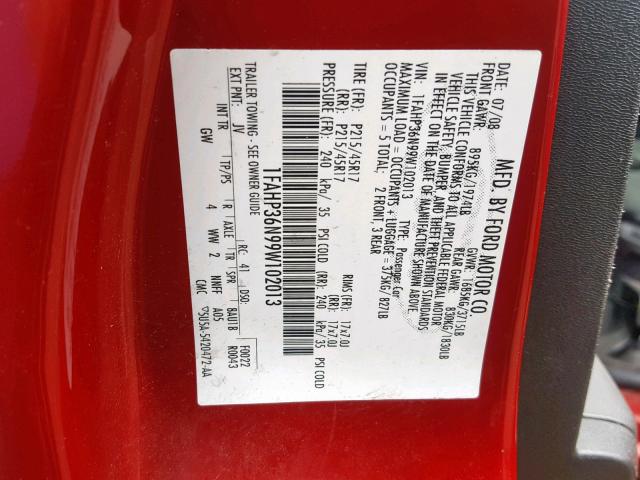 1FAHP36N99W102013 - 2009 FORD FOCUS SES RED photo 10