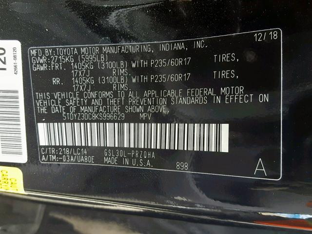 5TDYZ3DC8KS996629 - 2019 TOYOTA SIENNA LIM BLACK photo 10