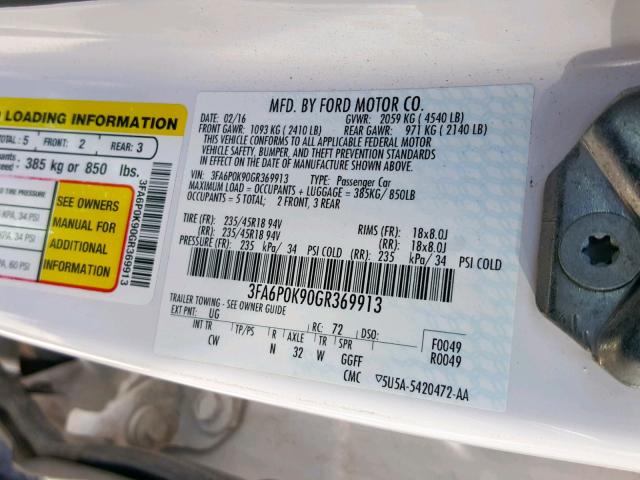 3FA6P0K90GR369913 - 2016 FORD FUSION TIT WHITE photo 10