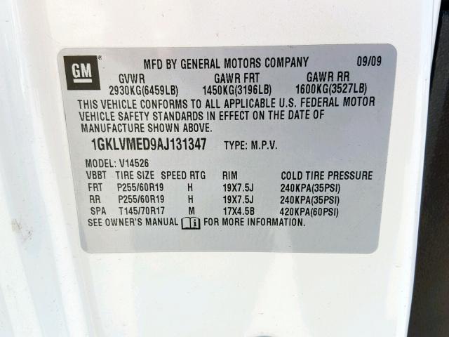 1GKLVMED9AJ131347 - 2010 GMC ACADIA SLT WHITE photo 10