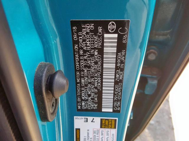 JTDKARFP9J3098377 - 2018 TOYOTA PRIUS PRIM 蓝色 照片 10