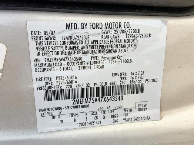 2MEFM75V47X643540 - 2007 MERCURY GRAND MARQ SILVER photo 10