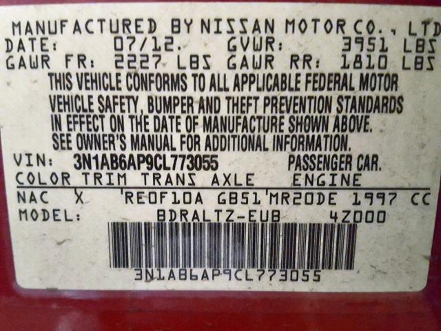 3N1AB6AP9CL773055 - 2012 NISSAN SENTRA 2.0 RED photo 10