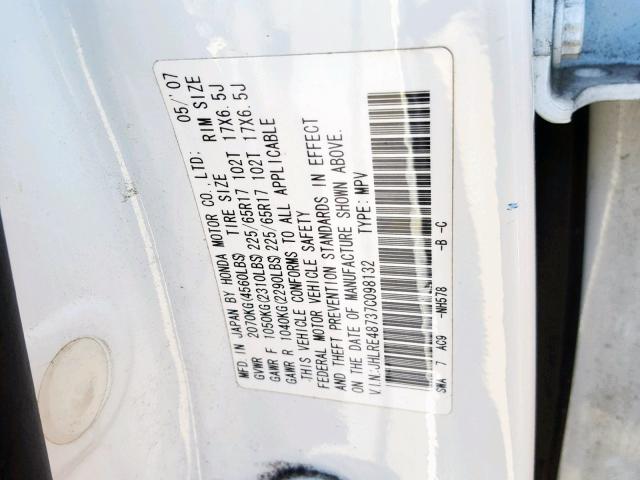 JHLRE48737C098132 - 2007 HONDA CR-V EXL WHITE photo 10