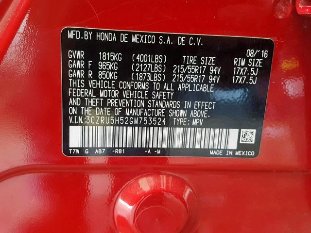 3CZRU5H52GM753524 - 2016 HONDA HR-V EX RED photo 10