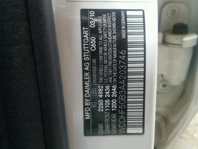 WDDHF5GB3AA203746 - 2010 MERCEDES-BENZ E 350 WHITE photo 10