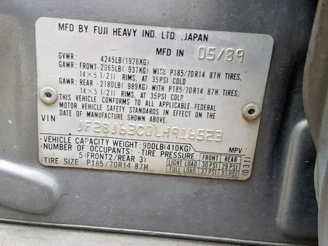 JF2BJ63C0LH916523 - 1990 SUBARU LEGACY L GRAY photo 10