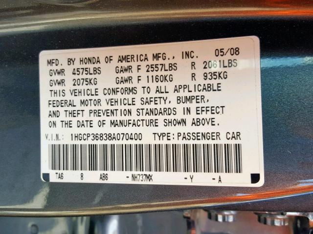 1HGCP36838A070400 - 2008 HONDA ACCORD EXL GRAY photo 10