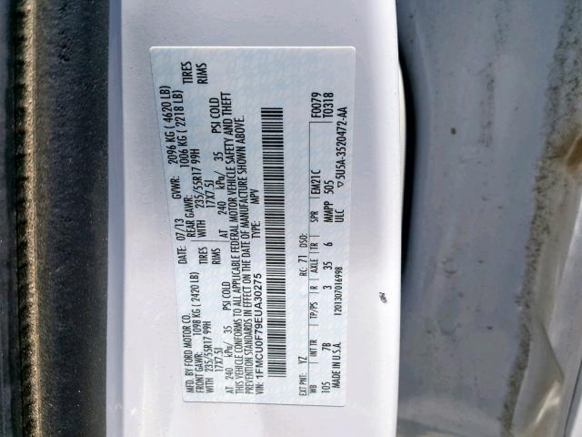 1FMCU0F79EUA30275 - 2014 FORD ESCAPE S WHITE photo 10