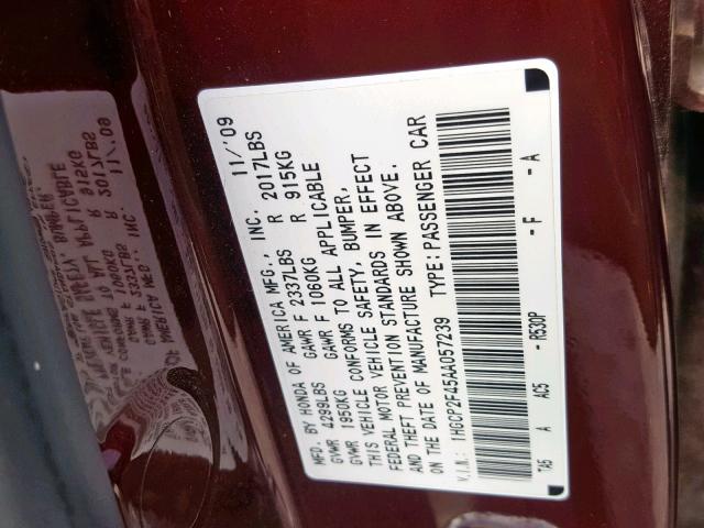 1HGCP2F45AA057239 - 2010 HONDA ACCORD LXP MAROON photo 10