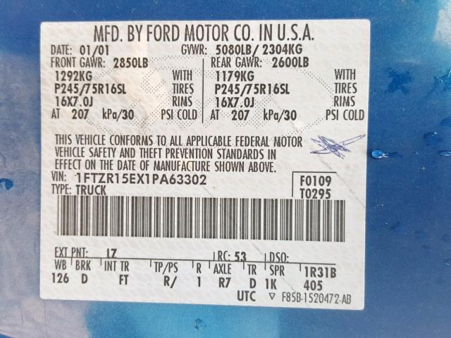 1FTZR15EX1PA63302 - 2001 FORD RANGER SUP BLUE photo 10