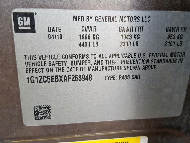 1G1ZC5EBXAF263948 - 2010 CHEVROLET MALIBU 1LT 棕色 照片 10