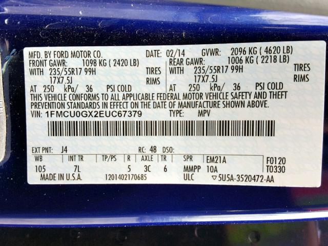 1FMCU0GX2EUC67379 - 2014 FORD ESCAPE SE BLUE photo 10