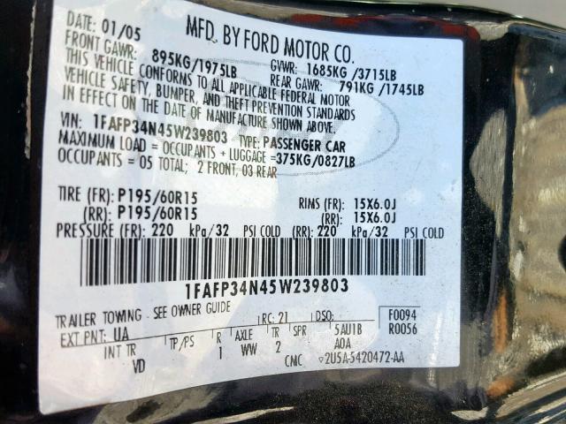 1FAFP34N45W239803 - 2005 FORD FOCUS ZX4 BLACK photo 10