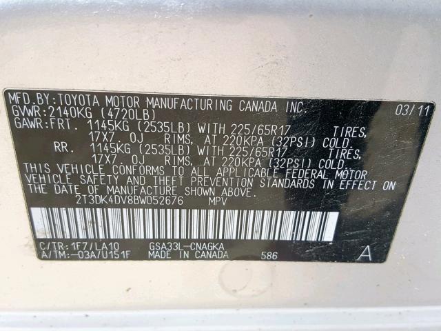 2T3DK4DV8BW052676 - 2011 TOYOTA RAV4 LIMIT SILVER photo 10