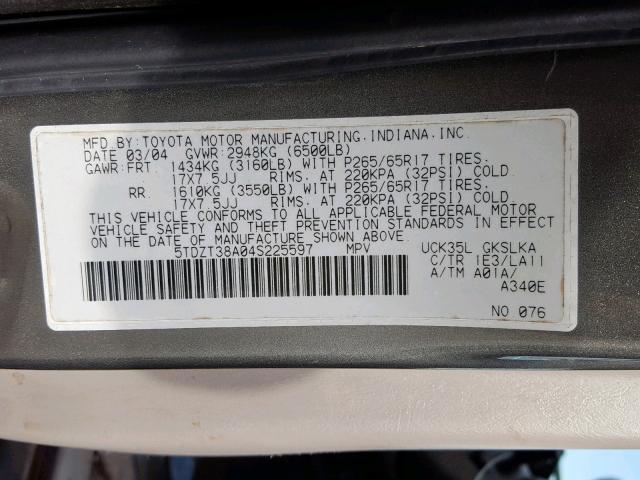 5TDZT38A04S225597 - 2004 TOYOTA SEQUOIA LI GRAY photo 10