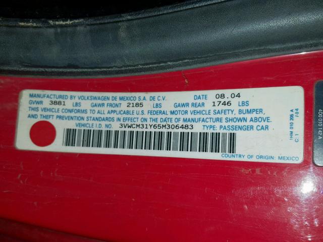 3VWCM31Y65M306483 - 2005 VOLKSWAGEN NEW BEETLE წითელი ფოტო 10