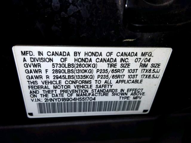 2HNYD18904H551704 - 2004 ACURA MDX TOURIN BLACK photo 10