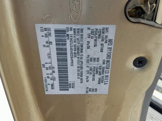 1FMZU34E4XZB49922 - 1999 FORD EXPLORER GOLD photo 10