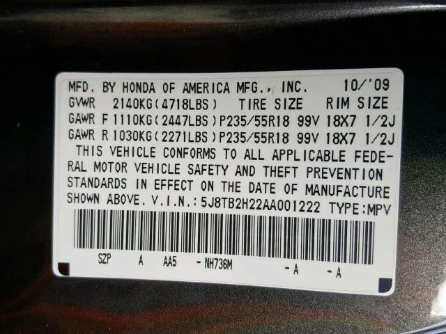 5J8TB2H22AA001222 - 2010 ACURA RDX GRAY photo 10