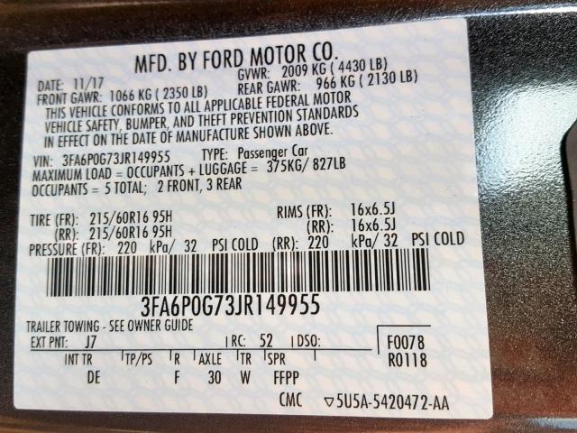 3FA6P0G73JR149955 - 2018 FORD FUSION S GRAY photo 10