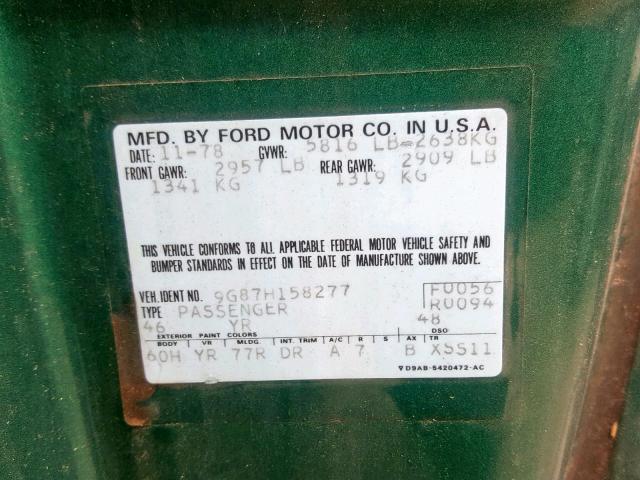 9G87H158277 - 1979 FORD THUNDERBIR GREEN photo 10