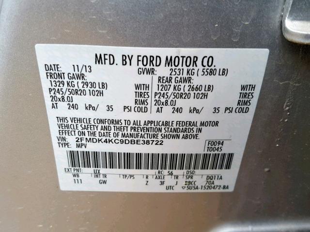 2FMDK4KC9DBE38722 - 2013 FORD EDGE LIMIT SILVER photo 10