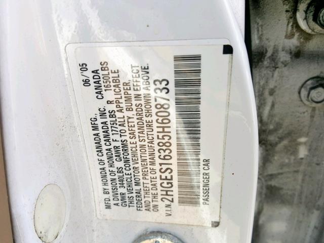 2HGES16385H608733 - 2005 HONDA CIVIC DX V WHITE photo 10