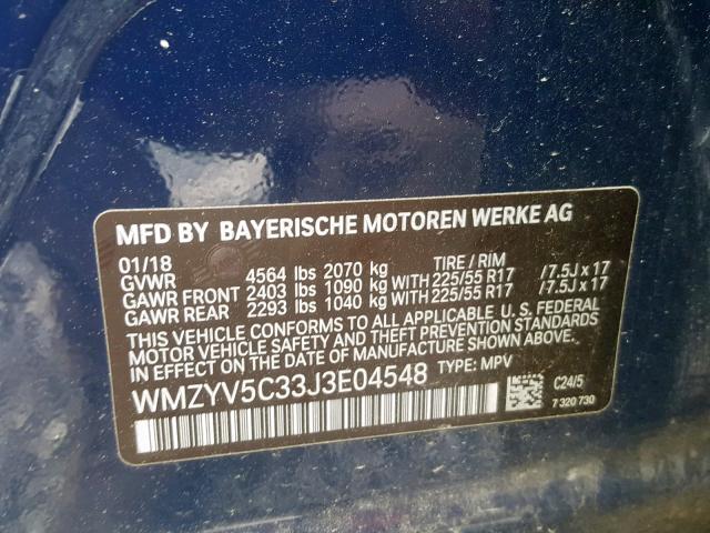 WMZYV5C33J3E04548 - 2018 MINI COOPER COU BLUE photo 10