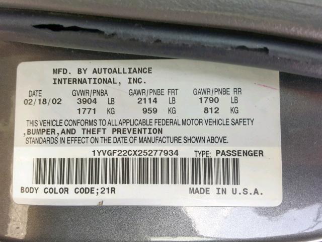 1YVGF22CX25277934 - 2002 MAZDA 626 LX GRAY photo 10